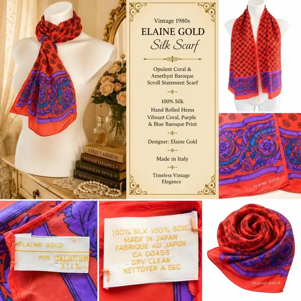 Vintage 80s Elaine Gold Silk Scarf Opulent Coral & Amethyst Baroque Scroll Scarf